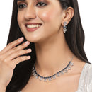 Rhodium-Plated Silver Toned Rectangle Navy Blue American Diamond Studded Necklace Earring Jewellery Set