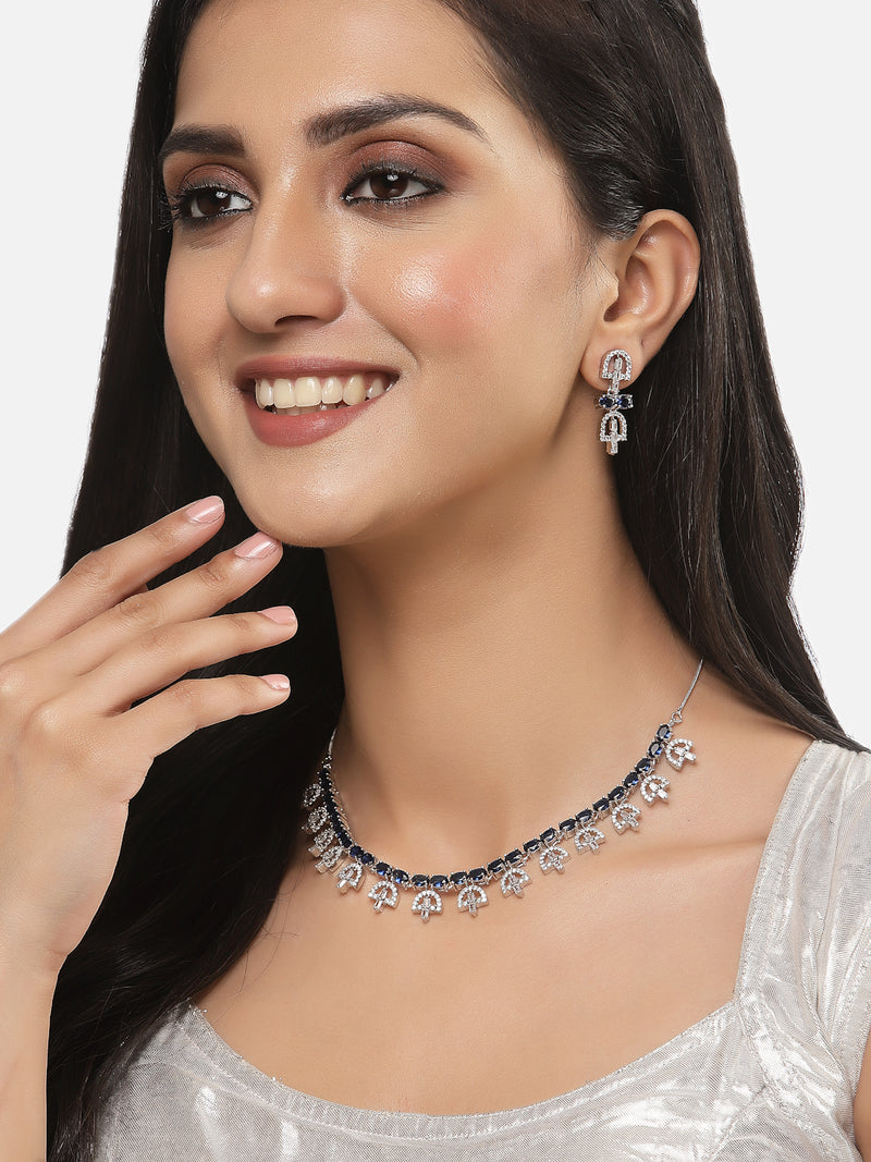 Rhodium-Plated Silver Toned Rectangle Navy Blue American Diamond Studded Necklace Earring Jewellery Set