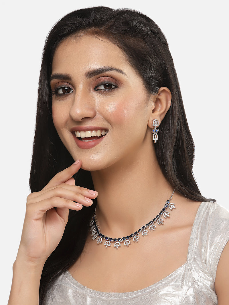 Rhodium-Plated Silver Toned Rectangle Navy Blue American Diamond Studded Necklace Earring Jewellery Set