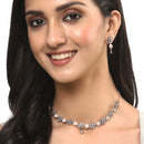 Rose Gold-Plated Gunmetal Toned White American Diamond Studded Flower-Round Necklace with Earring Jewellery Set