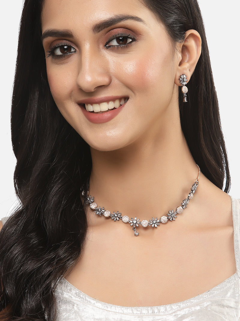 Rose Gold-Plated Gunmetal Toned White American Diamond Studded Flower-Round Necklace with Earring Jewellery Set