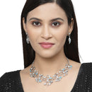 Silver-Plated Blue Cubic Zirconia & White Pearls Studded Leaf Shaped Necklace with Earrings Jewellery Set