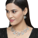 Silver-Plated Blue Cubic Zirconia & White Pearls Studded Leaf Shaped Necklace with Earrings Jewellery Set