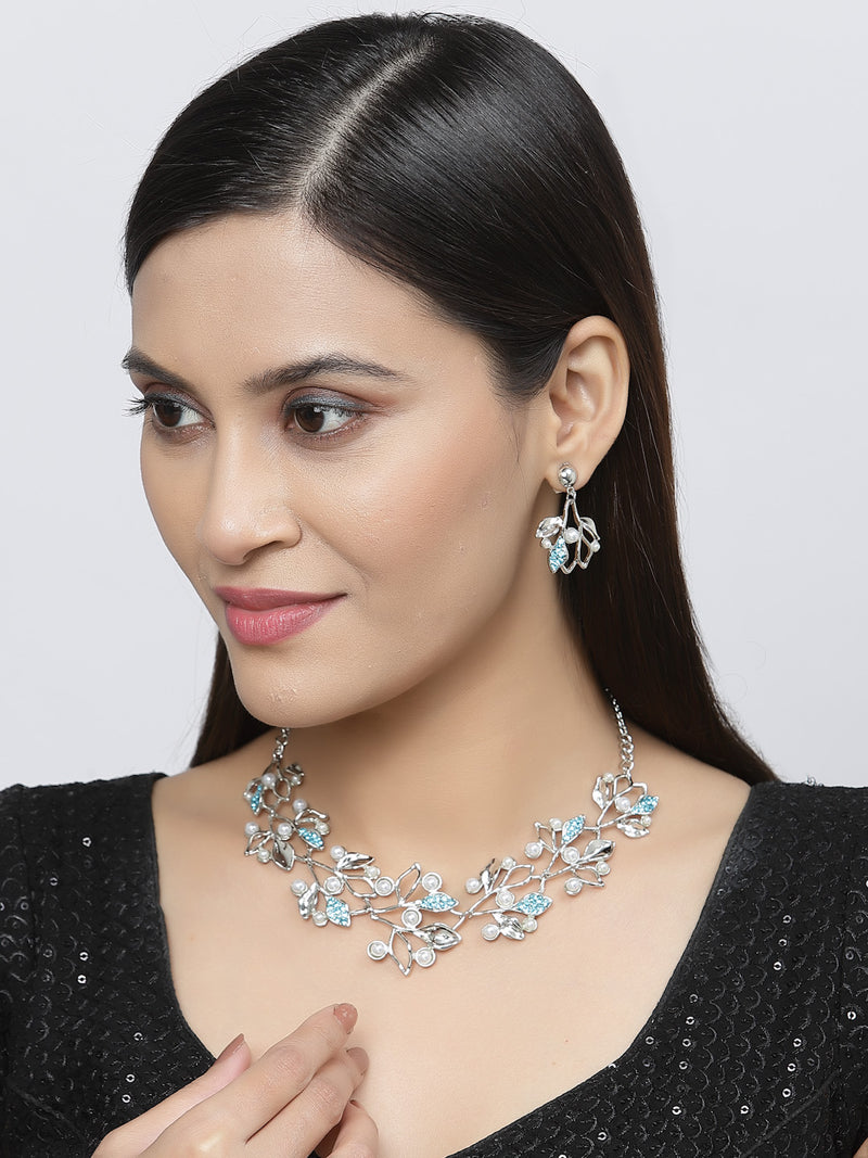 Silver-Plated Blue Cubic Zirconia & White Pearls Studded Leaf Shaped Necklace with Earrings Jewellery Set