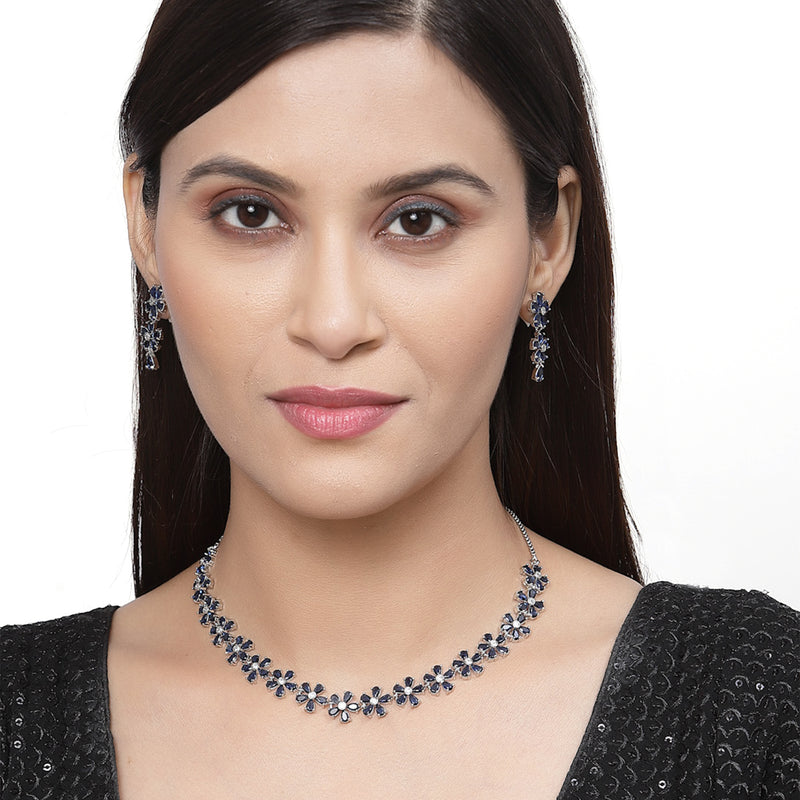Rhodium-Plated Navy Blue American Diamonds Studded Floral Necklace & Earrings Jewellery Set