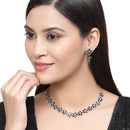 Rhodium-Plated Navy Blue American Diamonds Studded Floral Necklace & Earrings Jewellery Set