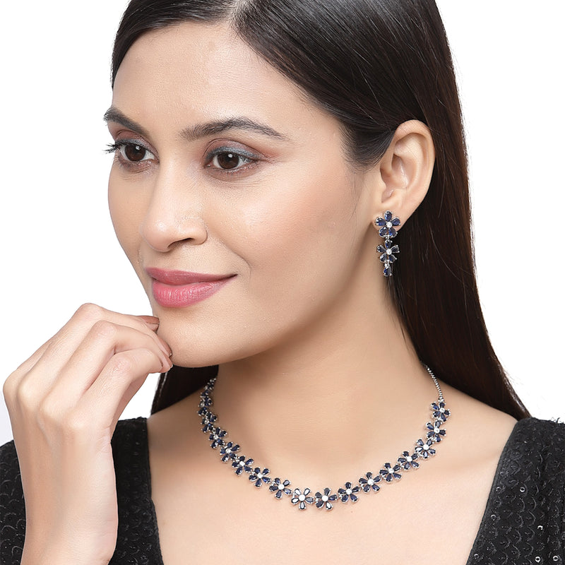 Rhodium-Plated Navy Blue American Diamonds Studded Floral Necklace & Earrings Jewellery Set