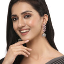 Silver-Plated Metallic Toned Pink & White Kundan studded Dome Shaped Meenakari Jhumka Earrings