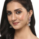 Silver-Plated Metallic Toned Pink & White Kundan studded Dome Shaped Meenakari Jhumka Earrings