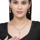 Rhodium-Plated Pink American Diamond & White Pearl Studded Floral Necklace & Earrings Jewellery Set