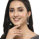 Silver-Plated Metallic Toned Black & White Kundan studded Dome Shaped Meenakari Jhumka Earrings