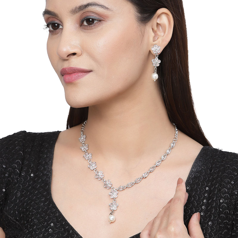 Rhodium-Plated Pink American Diamond & White Pearl Studded Floral Necklace & Earrings Jewellery Set
