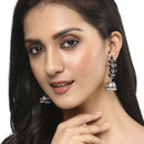 Silver-Plated Metallic Toned Black & White Kundan studded Dome Shaped Meenakari Jhumka Earrings