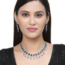 Rhodium-Plated Navy Blue American Diamonds Studded Teardrop & Cubical Necklace & Earrings Jewellery Set