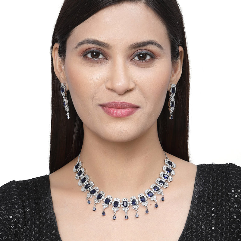 Rhodium-Plated Navy Blue American Diamonds Studded Teardrop & Cubical Necklace & Earrings Jewellery Set