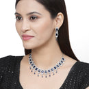 Rhodium-Plated Navy Blue American Diamonds Studded Teardrop & Cubical Necklace & Earrings Jewellery Set