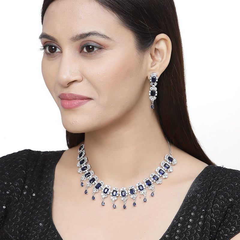 Rhodium-Plated Navy Blue American Diamonds Studded Teardrop & Cubical Necklace & Earrings Jewellery Set
