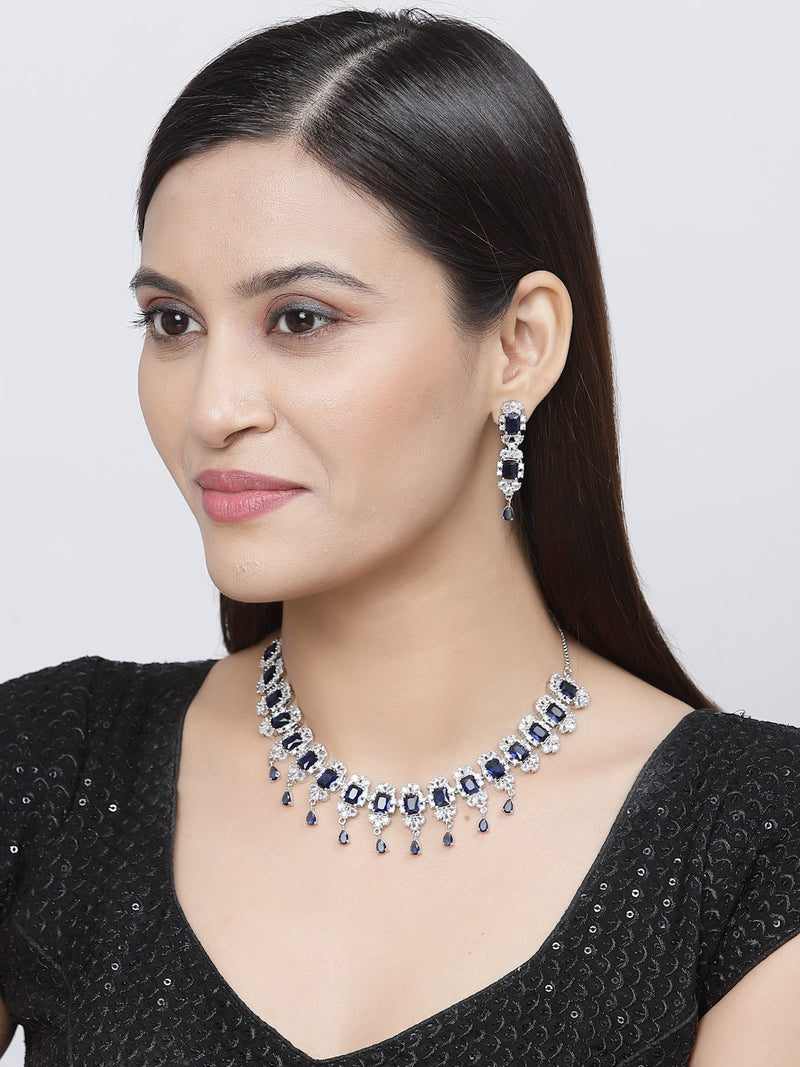 Rhodium-Plated Navy Blue American Diamonds Studded Teardrop & Cubical Necklace & Earrings Jewellery Set