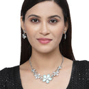 Rhodium-Plated Sea Green American Diamonds Studded Floweret Necklace & Earrings Jewellery Set