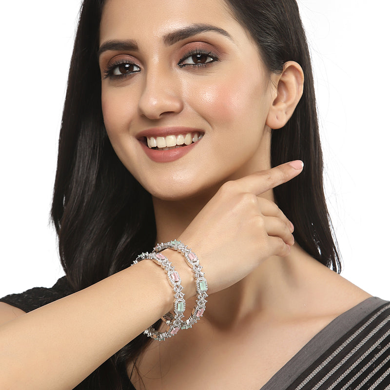 Rhodium-Plated Silver Toned Lime Green & Pink American Diamond Square Shaped studded Bangle Jewelry Set (Set Of 2)