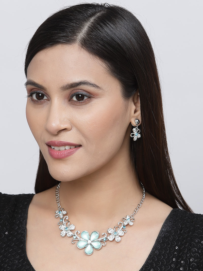 Rhodium-Plated Sea Green American Diamonds Studded Floweret Necklace & Earrings Jewellery Set
