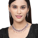 Rhodium-Plated Red American Diamonds Studded Teardrop & Cubical Necklace & Earrings Jewellery Set