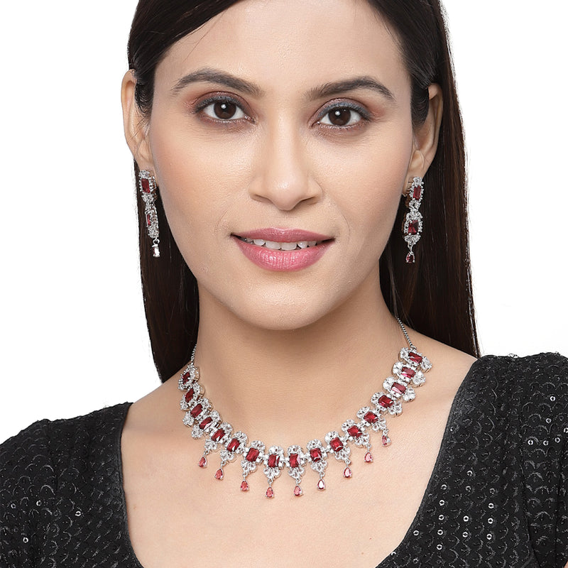 Rhodium-Plated Red American Diamonds Studded Teardrop & Cubical Necklace & Earrings Jewellery Set