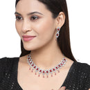 Rhodium-Plated Red American Diamonds Studded Teardrop & Cubical Necklace & Earrings Jewellery Set