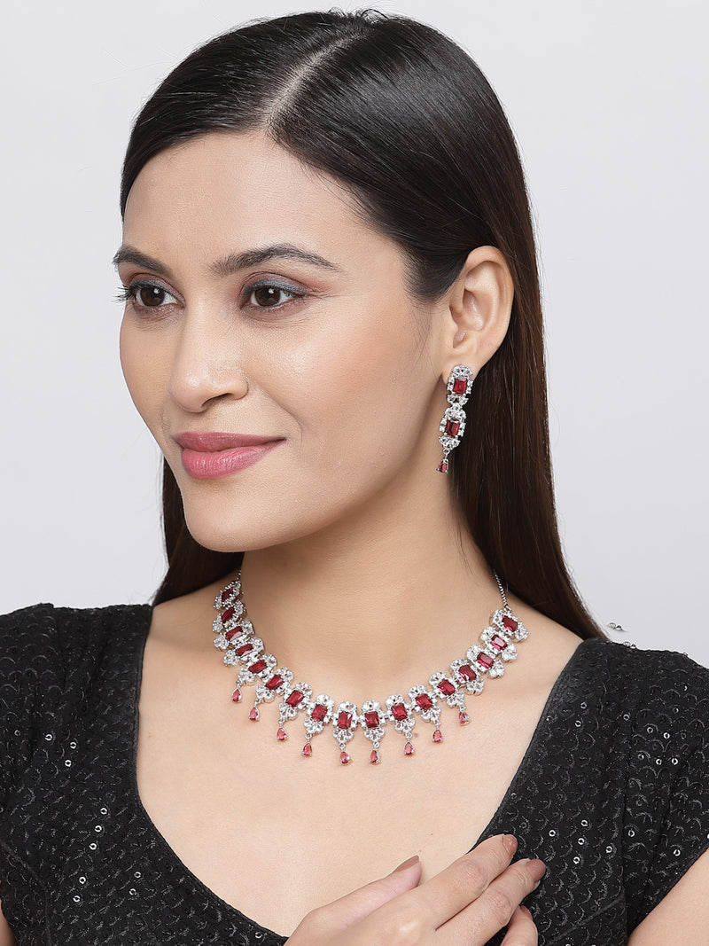 Rhodium-Plated Red American Diamonds Studded Teardrop & Cubical Necklace & Earrings Jewellery Set