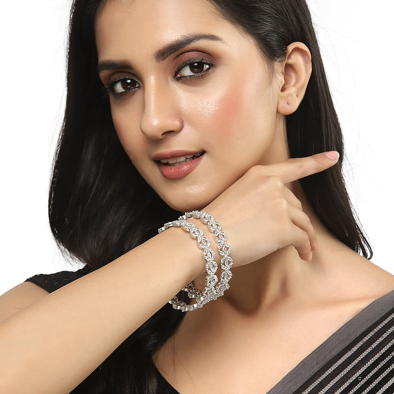 Rhodium-Plated Silver Toned White Floral American Diamond studded Bangles Jewellery Set (Set Of 2)