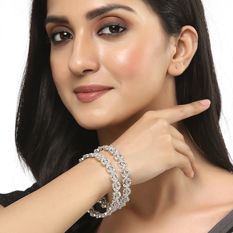 Rhodium-Plated Silver Toned White Floral American Diamond studded Bangles Jewellery Set (Set Of 2)