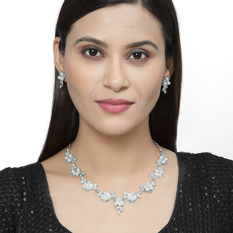 Silver-Plated Blue Cubic Zirconia & White Pearls Studded Jewellery Set