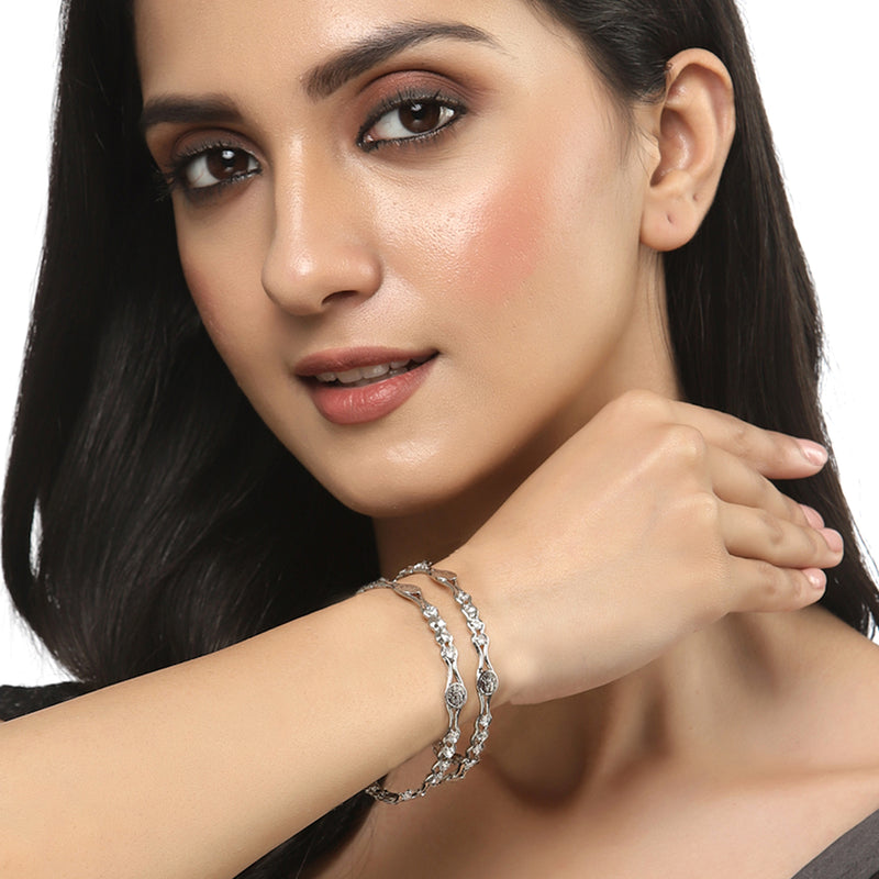 Oxidised Silver-Plated White American Diamond studded Temple Coin Bangles Jewellery Set (Set Of 2)