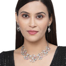 Silver-Plated Pink Cubic Zirconia & White Pearls Studded Leaf Shaped Necklace with Earrings Jewellery Set