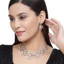 Silver-Plated Pink Cubic Zirconia & White Pearls Studded Leaf Shaped Necklace with Earrings Jewellery Set