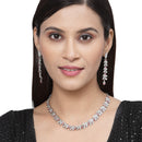Rhodium-Plated Pink Cubic Zirconia Studded Leafy Shaped Necklace with Earrings Jewellery Set
