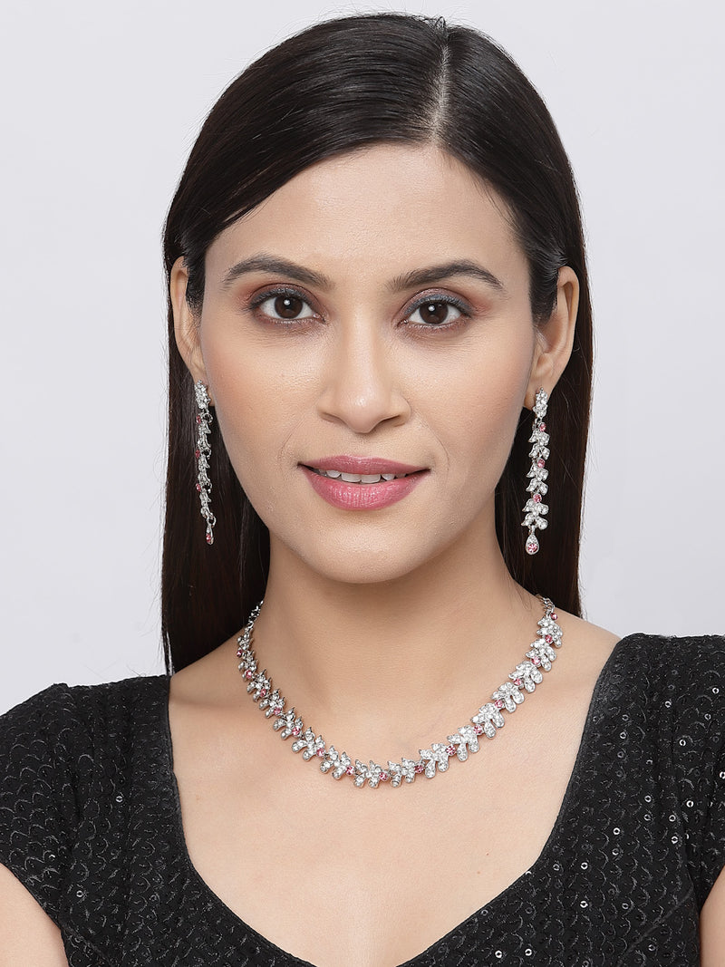 Rhodium-Plated Pink Cubic Zirconia Studded Leafy Shaped Necklace with Earrings Jewellery Set