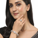Rhodium Plated Silver Toned White American Diamond Studded Bracelet with Ring