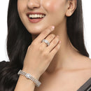 Rhodium Plated Silver Toned White American Diamond Studded Bracelet with Ring