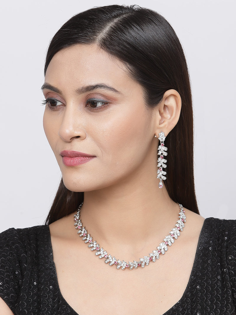 Rhodium-Plated Pink Cubic Zirconia Studded Leafy Shaped Necklace with Earrings Jewellery Set