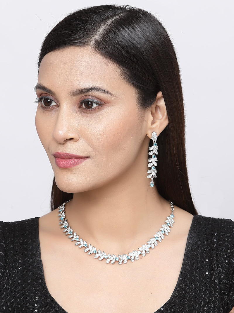 Rhodium-Plated Blue Cubic Zirconia Studded Leafy Shaped Necklace with Earrings Jewellery Set