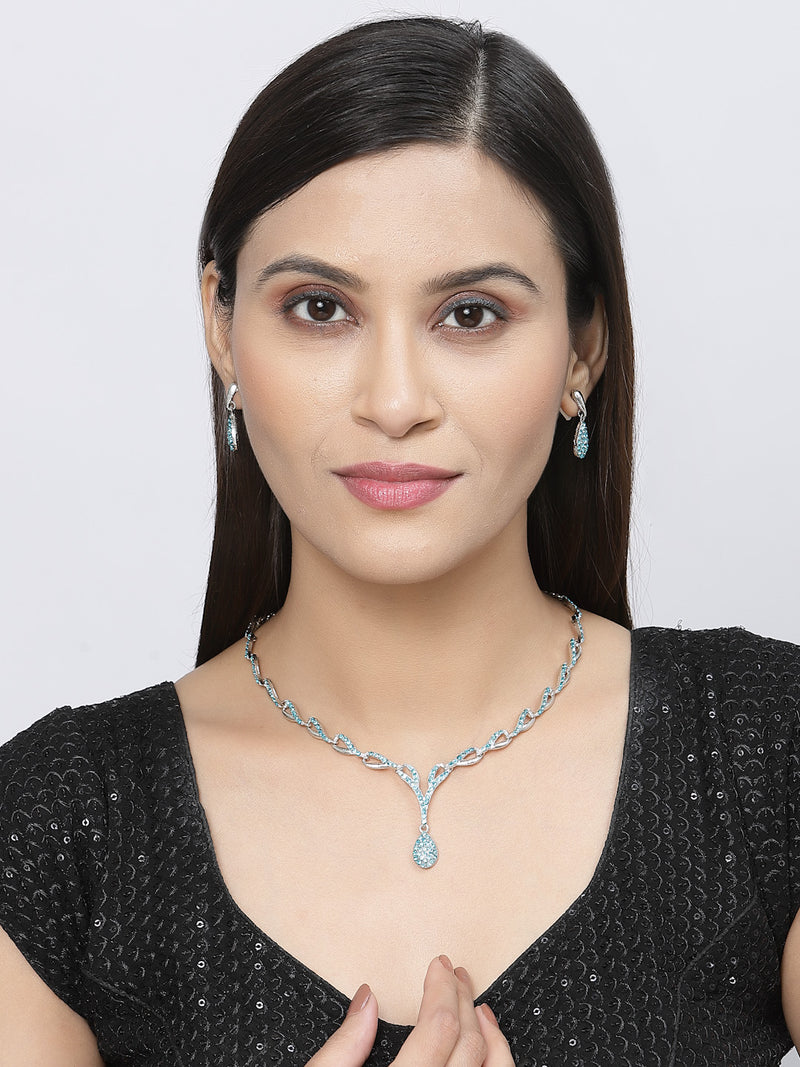 Silver-Plated Blue & White Cubic Zirconia Studded Teardrop Shaped Necklace with Earrings Jewellery Set