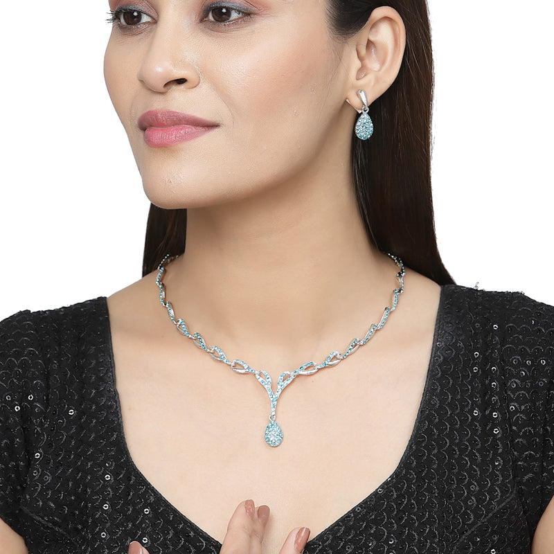 Silver-Plated Blue & White Cubic Zirconia Studded Teardrop Shaped Necklace with Earrings Jewellery Set