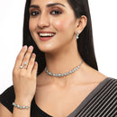 Rhodium-Plated Silver Toned Sea Green & White American Diamond studded Round Shaped Jewellery Set