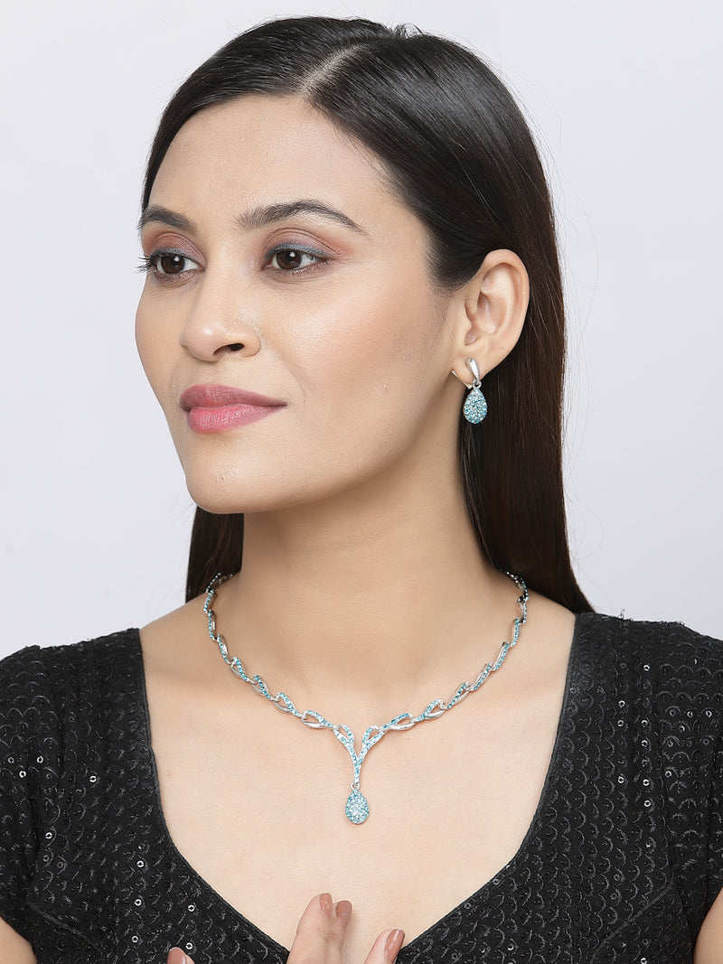 Silver-Plated Blue & White Cubic Zirconia Studded Teardrop Shaped Necklace with Earrings Jewellery Set