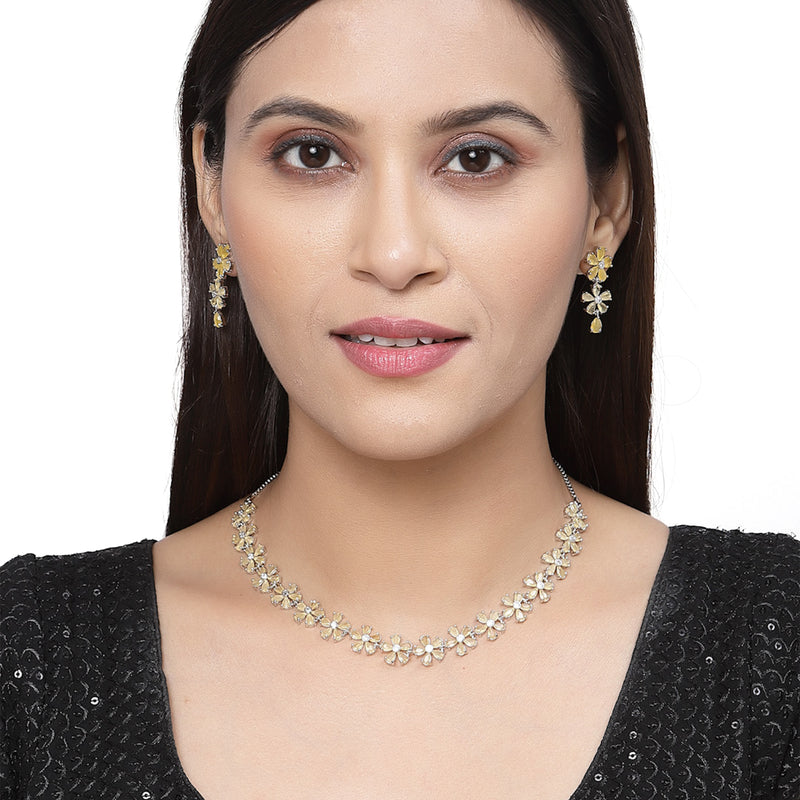 Rhodium-Plated Yellow American Diamonds Studded Floral Necklace & Earrings Jewellery Set