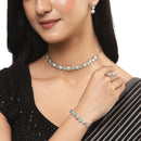 Rhodium-Plated Silver Toned Sea Green & White American Diamond studded Round Shaped Jewellery Set