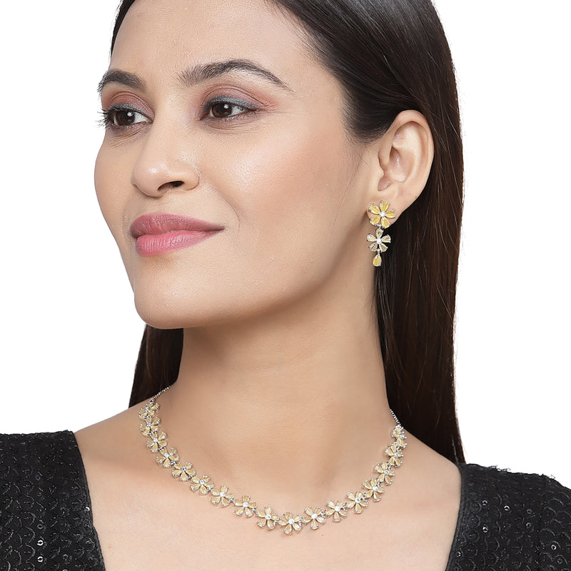 Rhodium-Plated Yellow American Diamonds Studded Floral Necklace & Earrings Jewellery Set