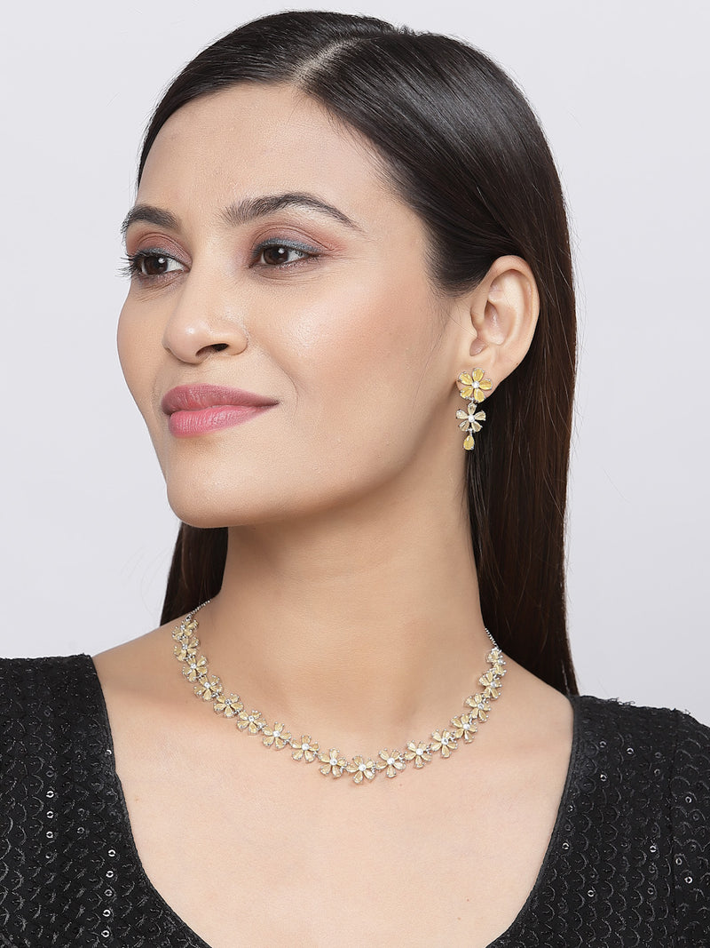 Rhodium-Plated Yellow American Diamonds Studded Floral Necklace & Earrings Jewellery Set