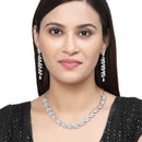 Rhodium-Plated White Cubic Zirconia Studded Leafy Shaped Necklace with Earrings Jewellery Set
